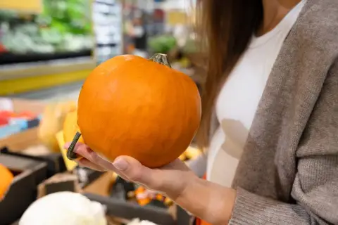 Mano che tiene una zucca Delica arancione, pronta per essere cucinata.
